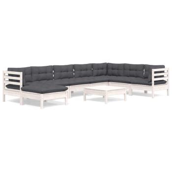 9-tlg. Garten-Lounge-Set mit Kissen Weiß Kiefer Massivholz