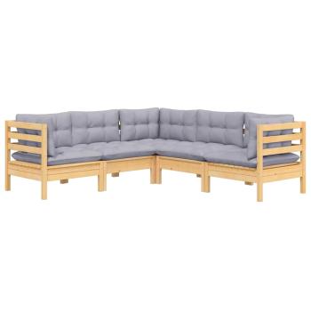 5-tlg. Garten-Lounge-Set mit Grauen Kissen Kiefer Massivholz