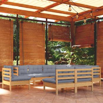 ARDEBO.de - 9-tlg. Garten-Lounge-Set mit Grauen Kissen Kiefer Massivholz