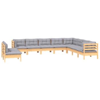 10-tlg. Garten-Lounge-Set mit Grauen Kissen Massivholz Kiefer