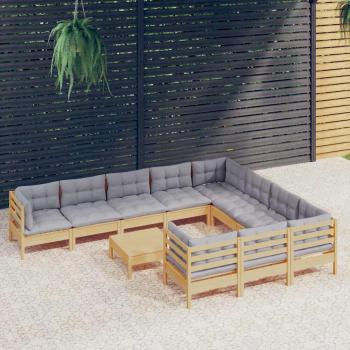 ARDEBO.de - 11-tlg. Garten-Lounge-Set mit Grauen Kissen Kiefernholz
