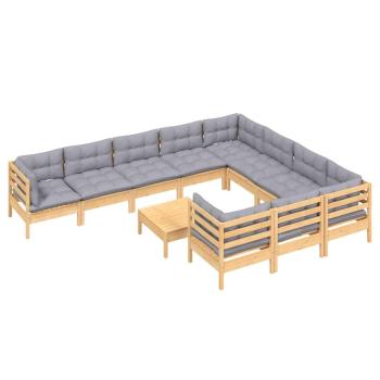 11-tlg. Garten-Lounge-Set mit Grauen Kissen Kiefernholz