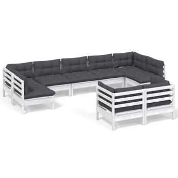 9-tlg. Garten-Lounge-Set mit Kissen Weiß Kiefer Massivholz