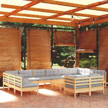 ARDEBO.de - 13-tlg. Garten-Lounge-Set mit Grauen Kissen Kiefernholz