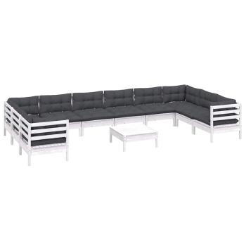 11-tlg. Garten-Lounge-Set mit Kissen Weiß Kiefernholz