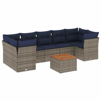 8-tlg. Garten-Sofagarnitur mit Kissen Grau Poly Rattan