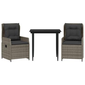 3-tlg. Garten-Essgruppe mit Kissen Grau Poly Rattan