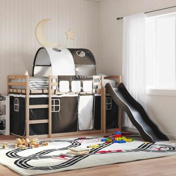 ARDEBO.de - Etagenbett mit Rutsche und Gardinen Weiß und Schwarz 80x200 cm