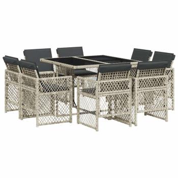 9-tlg. Garten-Essgruppe mit Kissen Hellgrau Poly Rattan