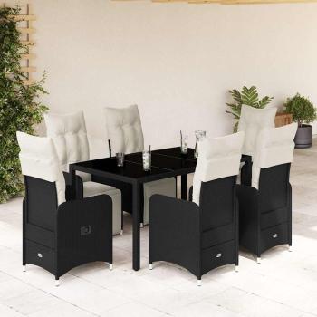 ARDEBO.de - 7-tlg. Garten-Bistro-Set mit Kissen Schwarz Poly Rattan