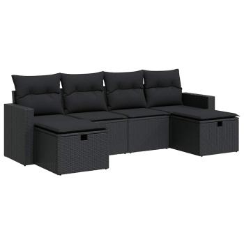 6-tlg. Garten-Sofagarnitur mit Kissen Schwarz Poly Rattan