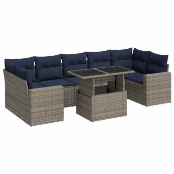 8-tlg. Garten-Sofagarnitur mit Kissen Grau Poly Rattan Akazie