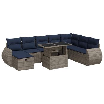 9-tlg. Garten-Sofagarnitur mit Kissen Braun Poly Rattan Akazie