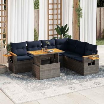 ARDEBO.de - 7-tlg. Garten-Sofagarnitur mit Kissen Grau Poly Rattan Akazie