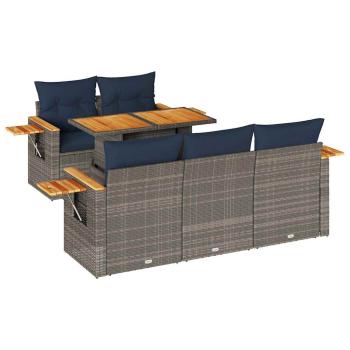6-tlg. Garten-Sofagarnitur mit Kissen Grau Poly Rattan