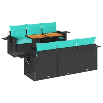 7-tlg. Garten-Sofagarnitur mit Kissen Schwarz Poly Rattan