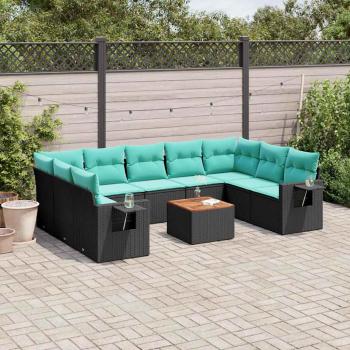 ARDEBO.de - 10-teiliges Gartensofa-Set mit Kissen, schwarzes Polyrattan