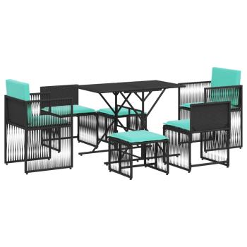 7-teiliges Garten-Essset mit Kissen Schwarz Polyrattan