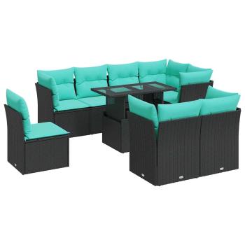 9-tlg. Garten-Sofagarnitur mit Kissen Schwarz Poly Rattan