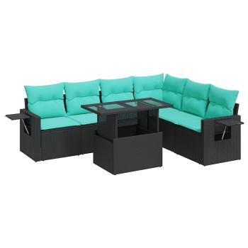 7-tlg. Garten-Sofagarnitur mit Kissen Schwarz Poly Rattan Akazie