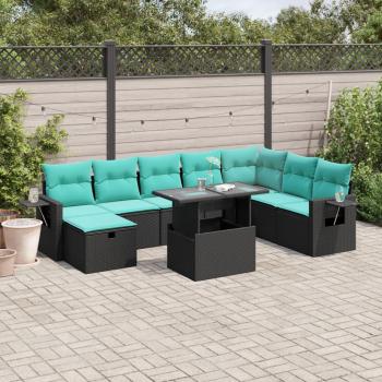 ARDEBO.de - 9-teiliges Gartensofa-Set mit Kissen, schwarzes Polyrattan