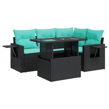 5-tlg. Garten-Sofagarnitur mit Kissen Schwarz Poly Rattan Akazie