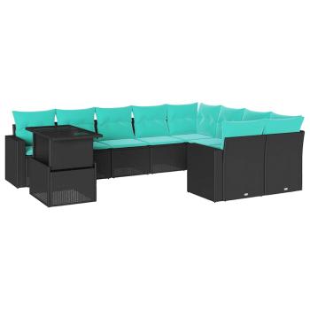 10-teiliges Gartensofa-Set mit Kissen, schwarzes Polyrattan