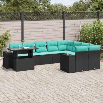ARDEBO.de - 10-teiliges Gartensofa-Set mit Kissen, schwarzes Polyrattan