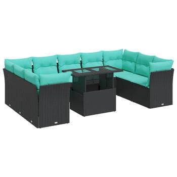 10-tlg. Garten-Sofagarnitur mit Kissen Schwarz Poly Rattan