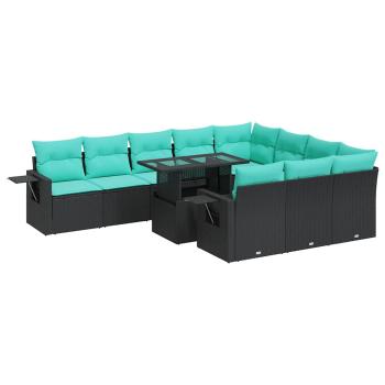 11-tlg. Garten-Sofagarnitur mit Kissen Schwarz Poly Rattan