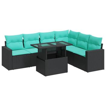 7-tlg. Garten-Sofagarnitur mit Kissen Schwarz Poly Rattan Akazie