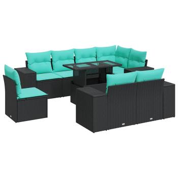 9-tlg. Garten-Sofagarnitur mit Kissen Schwarz Poly Rattan