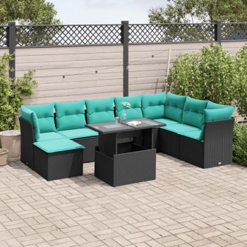 ARDEBO.de - 9-teiliges Gartensofa-Set mit Kissen, schwarzes Polyrattan