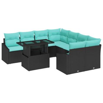 Garten-Sofa-Set mit Kissen 9 pcs Schwarz und Blau Poly-Rattan