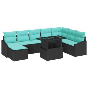 Sofa Set mit Kissen 9 pcs Schwarz und Blau Poly-Rattan