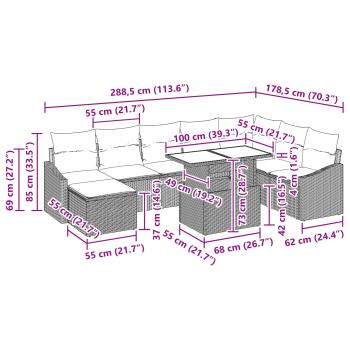 Sofa Set mit Kissen 9 pcs Schwarz und Blau Poly-Rattan