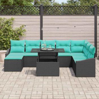 Sofa Set mit Kissen 9 pcs Schwarz und Blau Poly-Rattan