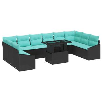 Sofa Set mit Kissen 11 pcs Schwarz und Blau Poly-Rattan