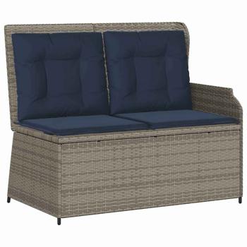 Gartenbank mit Kissen Grau und Marineblau Poly-Rattan