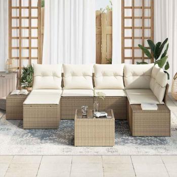Gartensofa-set mit Kissen 7 pcs Beige und Creme Poly-Rattan