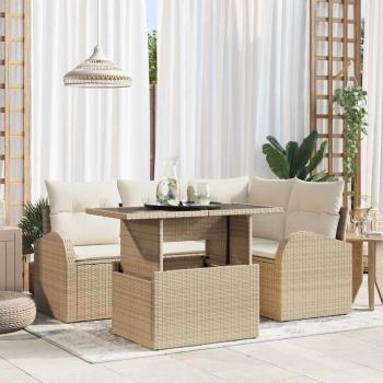 ARDEBO.de - Garten-Sofa-Set mit Kissen 5 pcs Beige Poly-Rattan