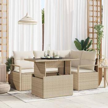 ARDEBO.de - Garten-Sofa-Set mit Kissen 5 pcs Beige und Creme Poly-Rattan