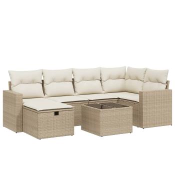 7-tlg. Garten-Sofagarnitur mit Kissen Beige Poly Rattan
