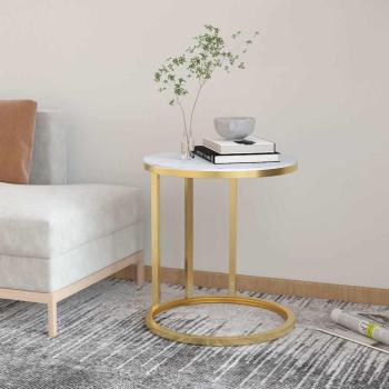 ARDEBO.de - Beistelltisch Golden und Weiße Marmor-Optik 45 cm Hartglas