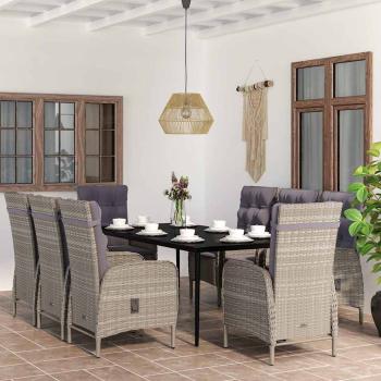 ARDEBO.de - 9-tlg. Garten-Essgruppe mit Auflagen Grau und Schwarz