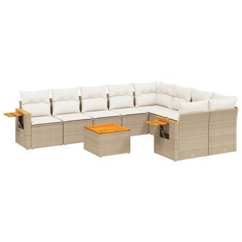 10-tlg. Garten-Sofagarnitur mit Kissen Beige Poly Rattan