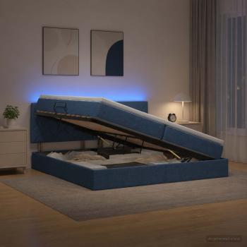 LED-Speicherbett mit Matratze Blau 200 x 200 cm Stoff