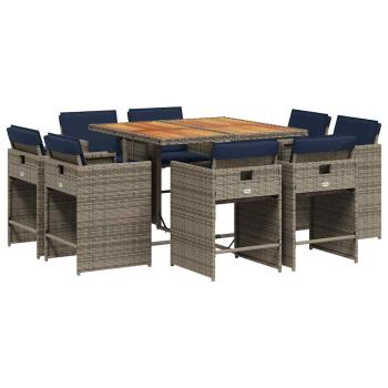 9-teiliges Garten-Ess-Set mit Kissen, grau, Polyrattan