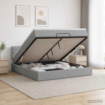 ARDEBO.de - Ottoman-Bett mit Matratze und LED Hellgrau 140 x 200 cm Stoff