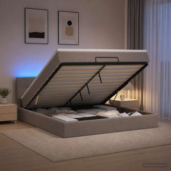 ARDEBO.de - Ottoman-Bett mit Matratze und LED Taupe 140 x 190 cm Stoff